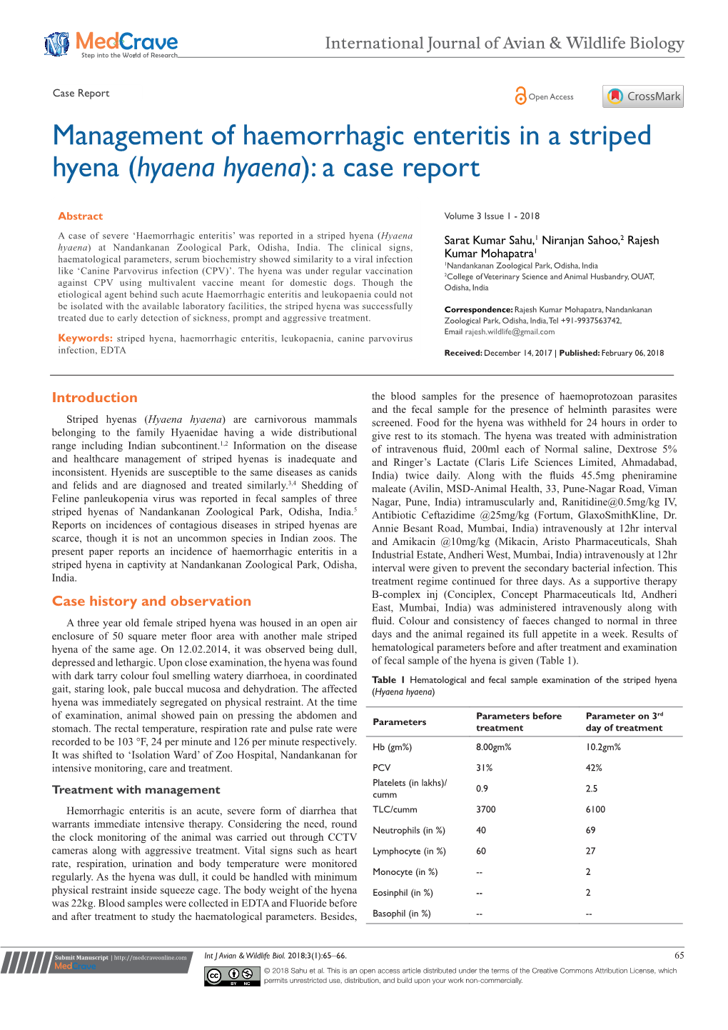 Management of Haemorrhagic Enteritis in a Striped Hyena (Hyaena Hyaena): a Case Report