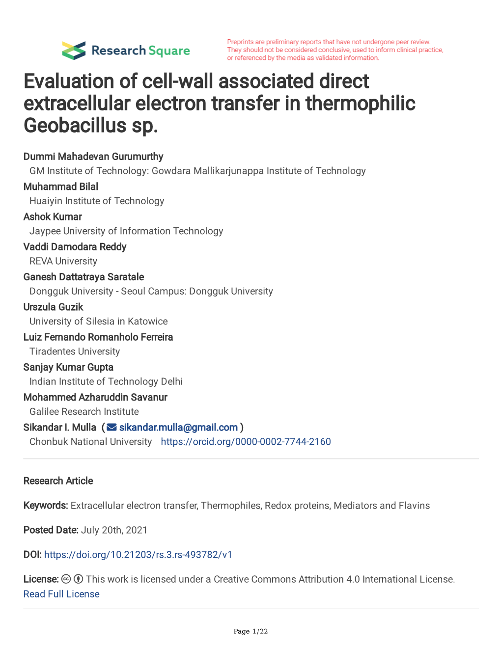 Evaluation of Cell-Wall Associated Direct Extracellular Electron Transfer in Thermophilic Geobacillus Sp