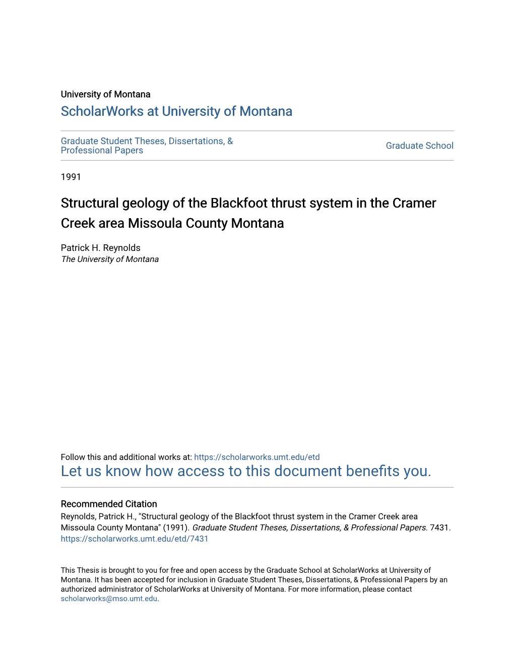 Structural Geology of the Blackfoot Thrust System in the Cramer Creek Area Missoula County Montana