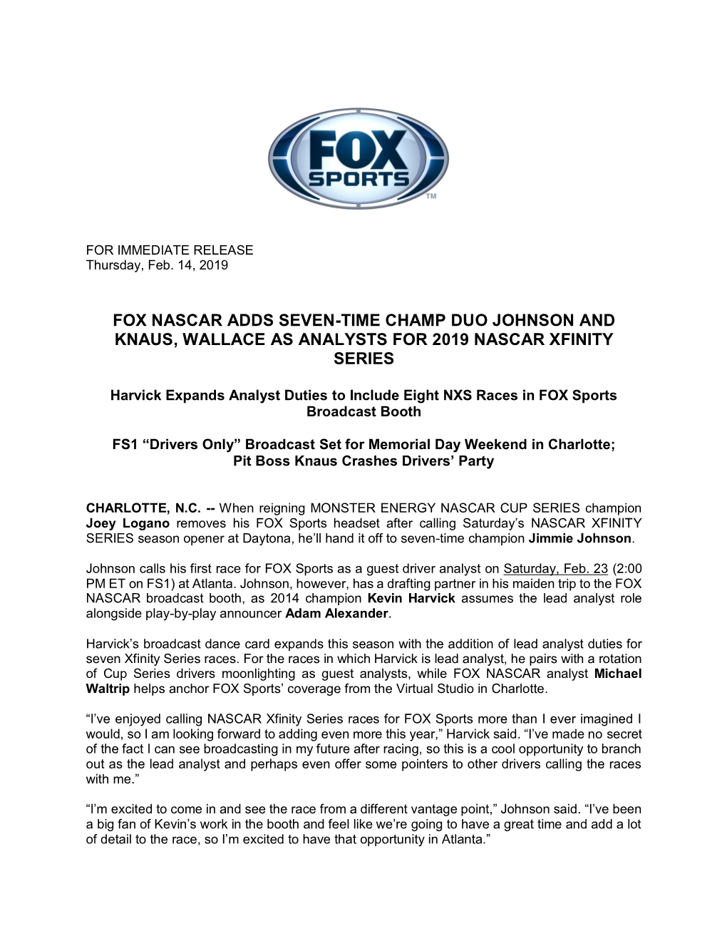 Fox Nascar Adds Seven-Time Champ Duo Johnson and Knaus, Wallace As Analysts for 2019 Nascar Xfinity Series