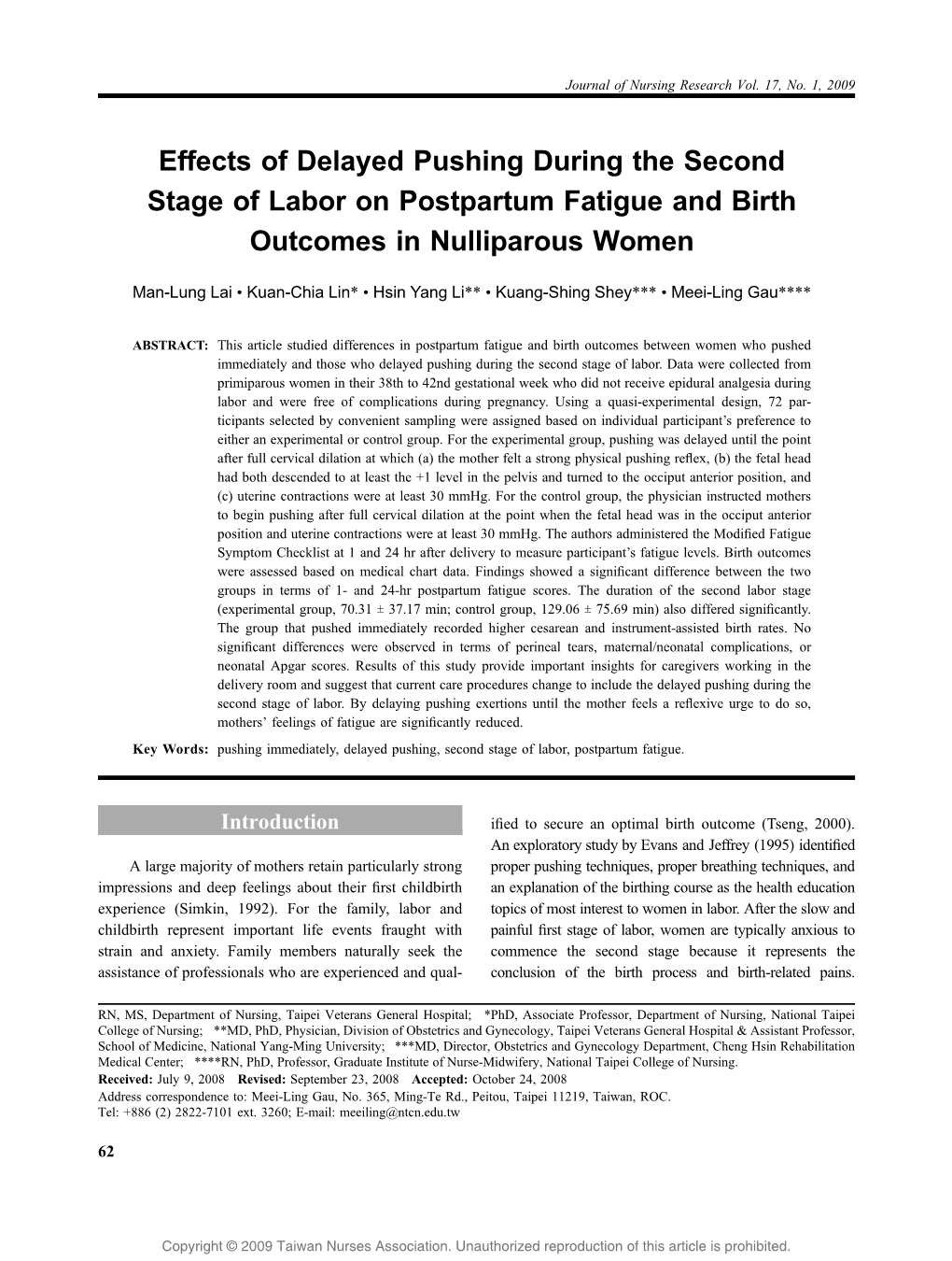 Effects of Delayed Pushing During the Second Stage of Labor on Postpartum Fatigue and Birth Outcomes in Nulliparous Women