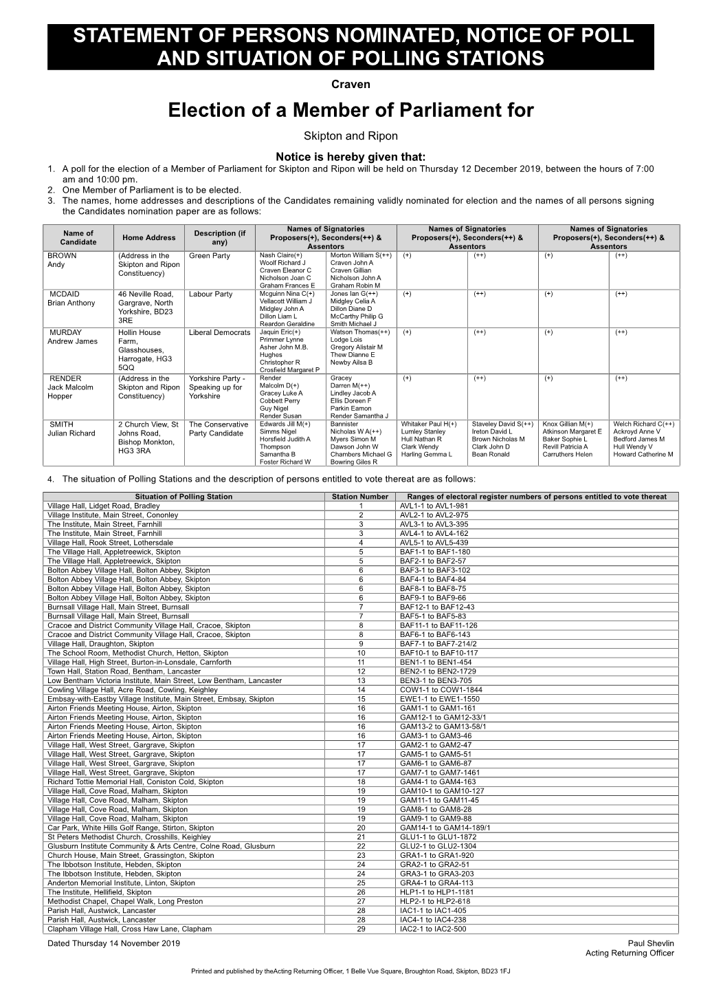 Statement of Persons Nominated, Notice of Poll