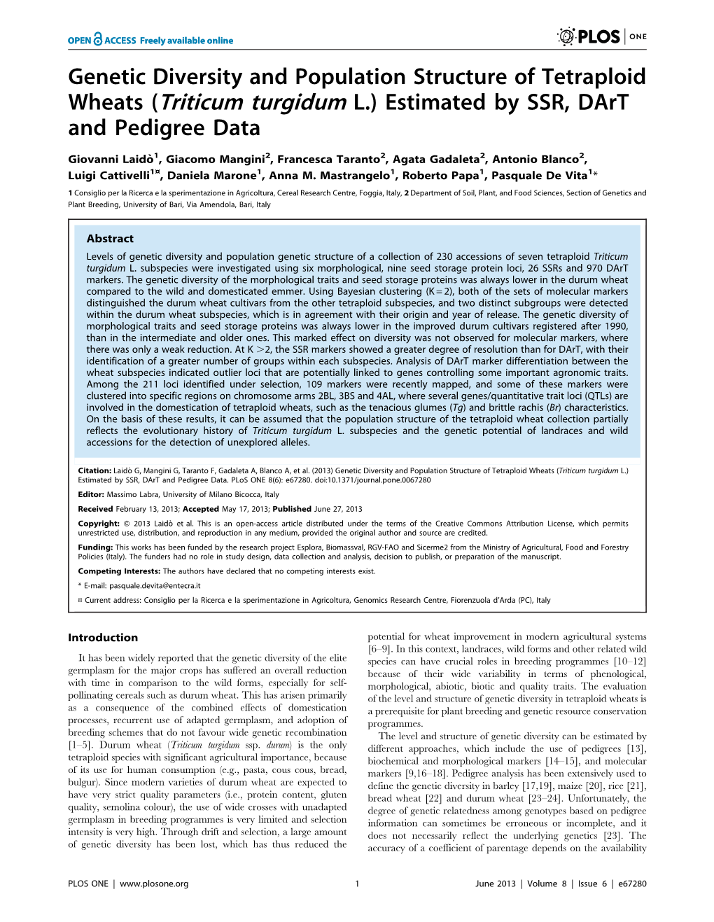 Triticum Turgidum L.) Estimated by SSR, Dart and Pedigree Data