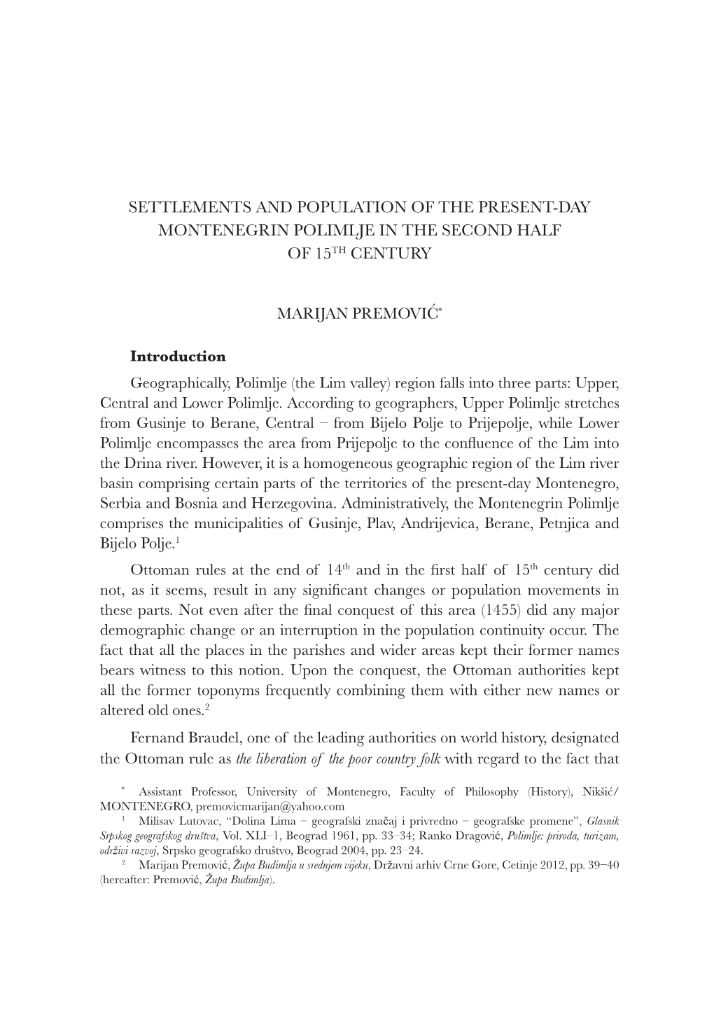 Settlements and Population of the Present-Day Montenegrin Polimlje in the Second Half of 15Th Century