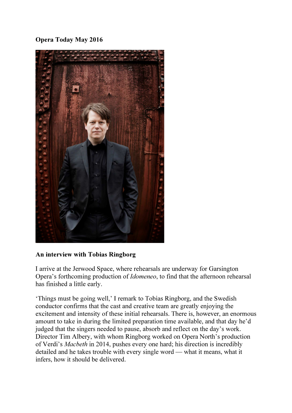 Opera Today May 2016 an Interview with Tobias
