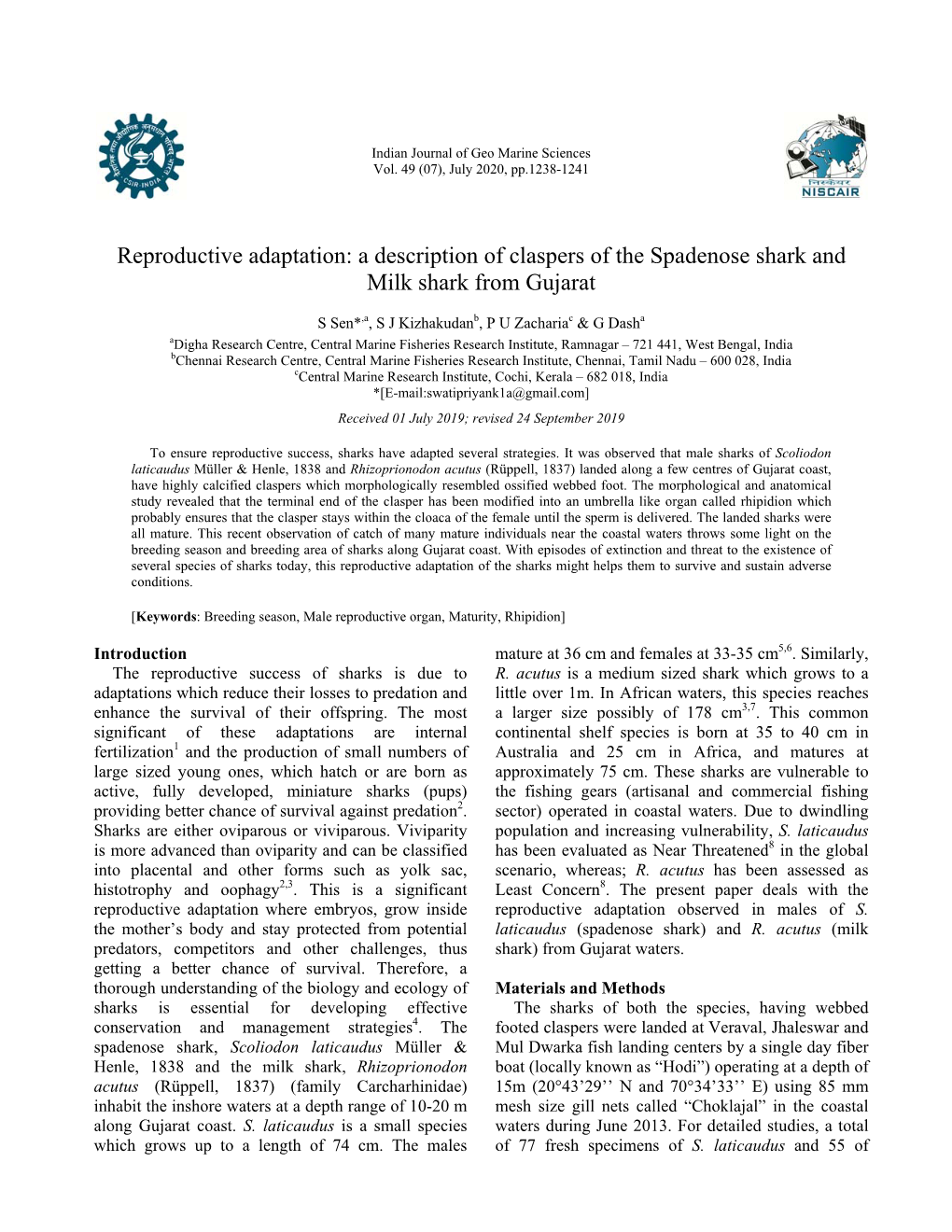 A Description of Claspers of the Spadenose Shark and Milk Shark from Gujarat