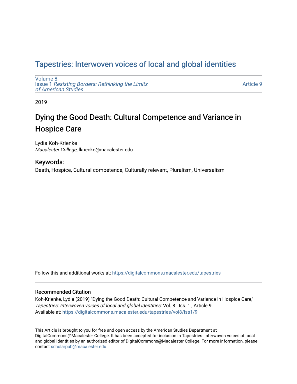 Dying the Good Death: Cultural Competence and Variance in Hospice Care