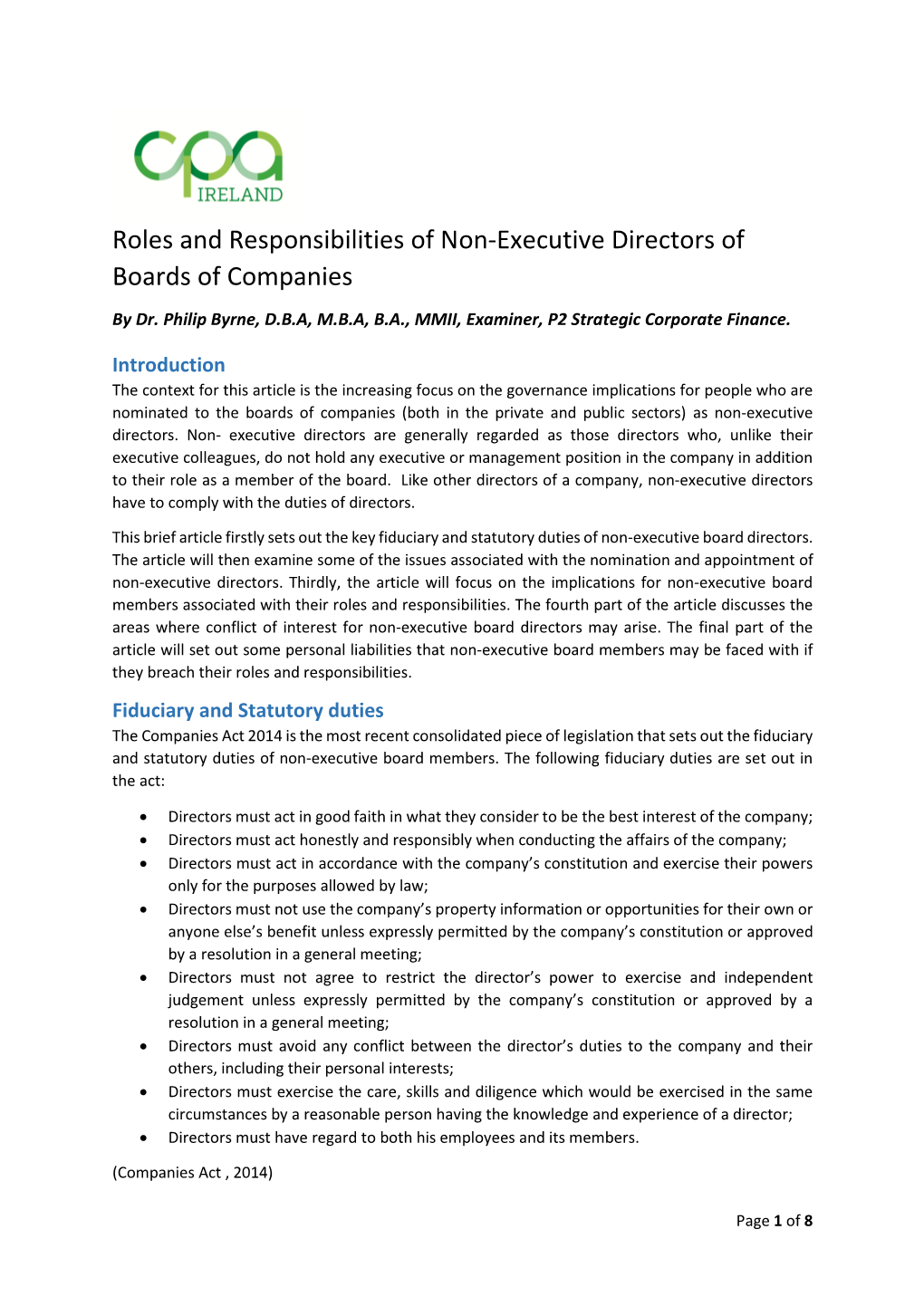 Roles and Responsibilities of Non-Executive Directors of Boards of Companies by Dr