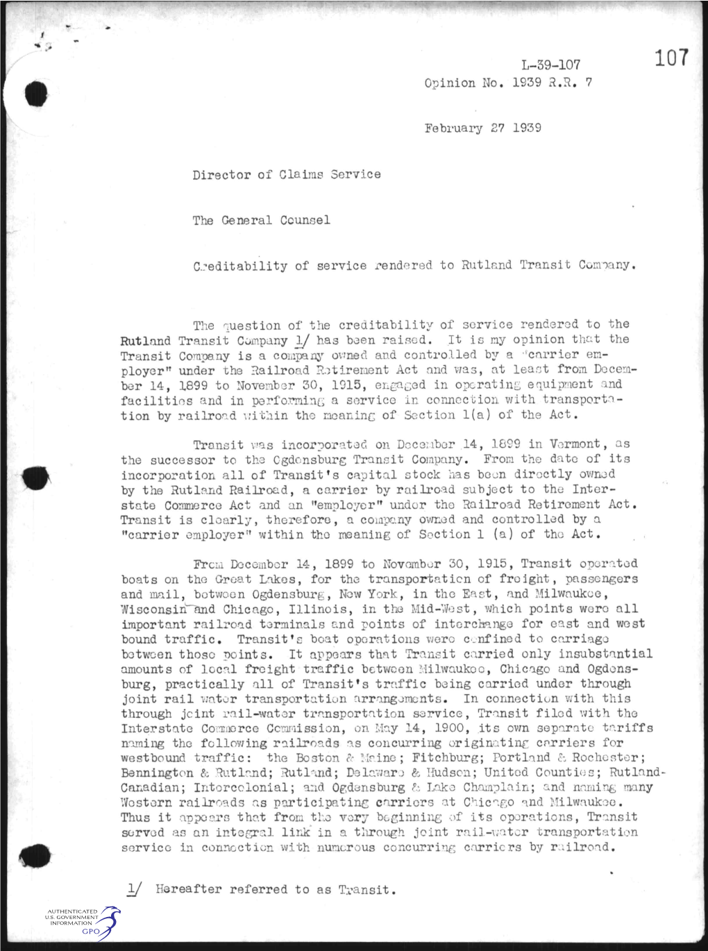 L-39-107 Opinion No. 1939 R.R. 7 February 27 1939 Director Of