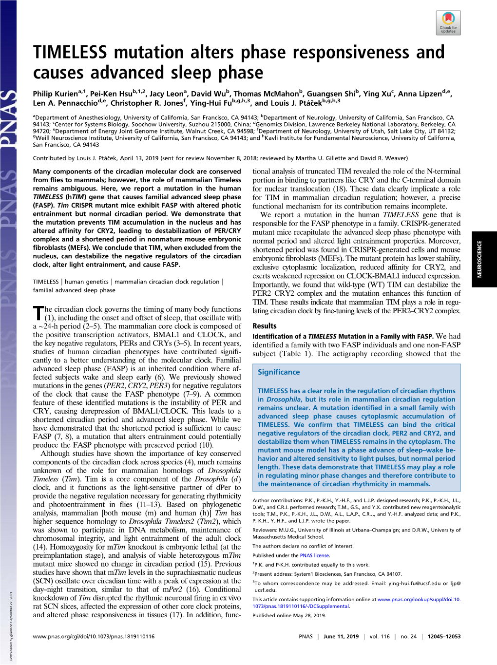 TIMELESS Mutation Alters Phase Responsiveness and Causes Advanced Sleep Phase