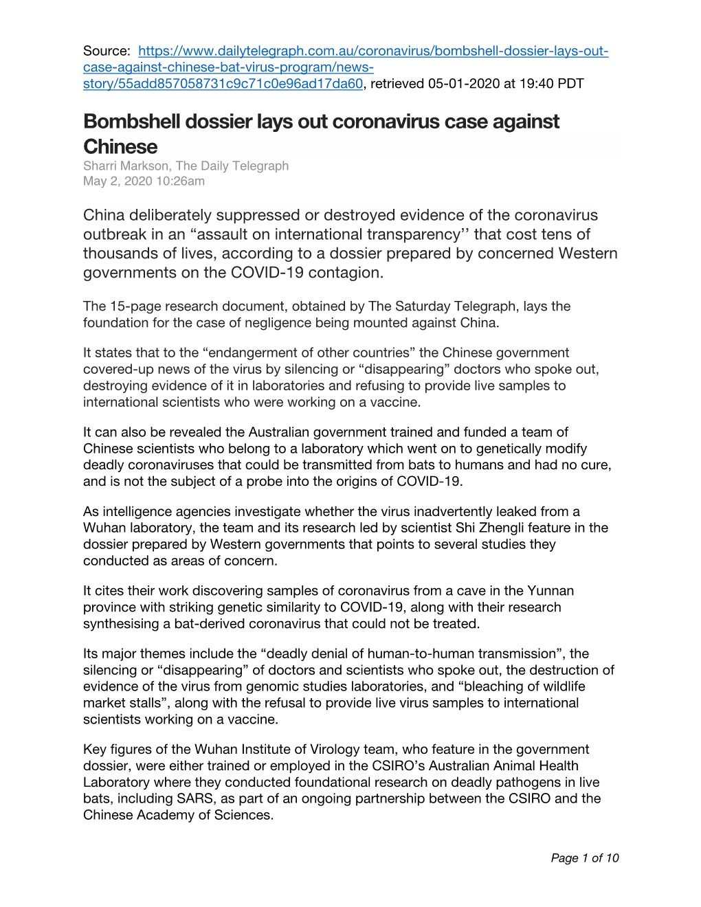 Bombshell Dossier Lays out Coronavirus Case Against Chinese Sharri Markson, the Daily Telegraph May 2, 2020 10:26Am