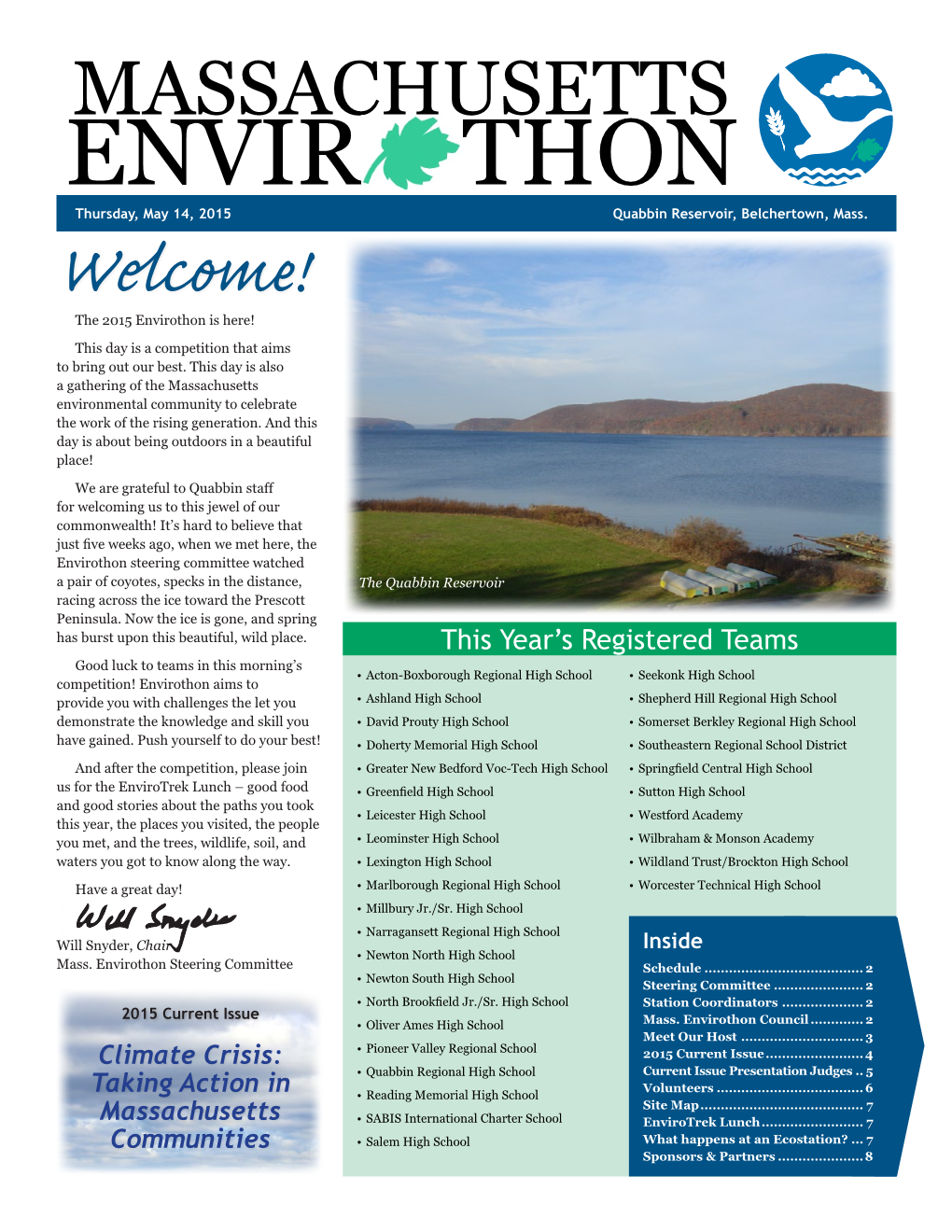 ENVIR THON MASSACHUSETTS Thursday, May 14, 2015 Quabbin Reservoir, Belchertown,ENVIR� Mass.THON