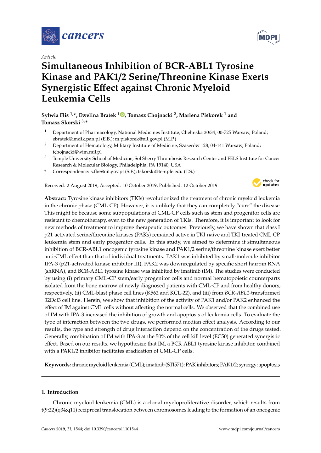Simultaneous Inhibition of BCR-ABL1 Tyrosine Kinase and PAK1/2 Serine/Threonine Kinase Exerts Synergistic Eﬀect Against Chronic Myeloid Leukemia Cells