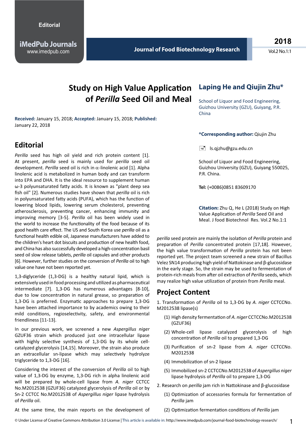 Study on High Value Application Laping He and Qiujin Zhu* of Perilla Seed Oil and Meal School of Liquor and Food Engineering, Guizhou University (GZU), Guiyang, P.R