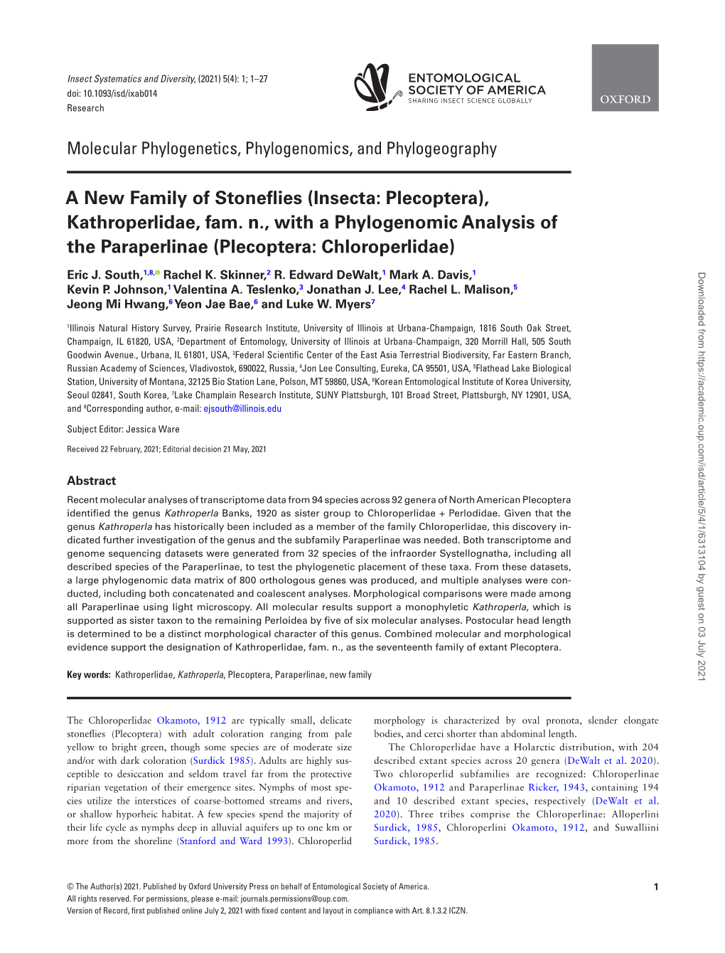 A New Family of Stoneflies (Insecta: Plecoptera), Kathroperlidae, Fam. N., with a Phylogenomic Analysis of the Paraperlinae (Plecoptera: Chloroperlidae)