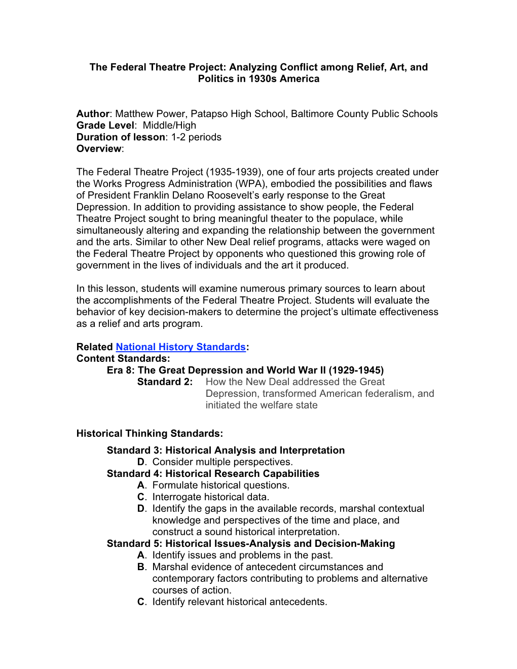 The Federal Theatre Project: Analyzing Conflict Among Relief, Art, and Politics in 1930S America