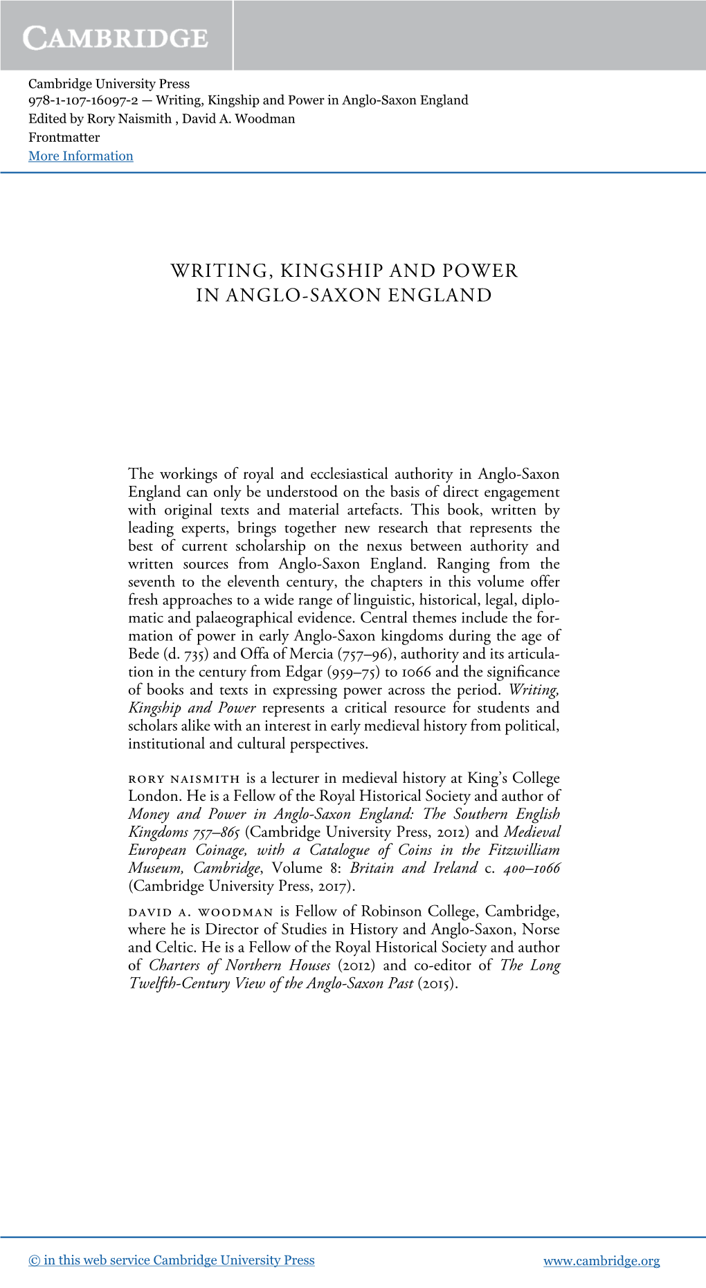 Writing, Kingship and Power in Anglo-Saxon England Edited by Rory Naismith , David A