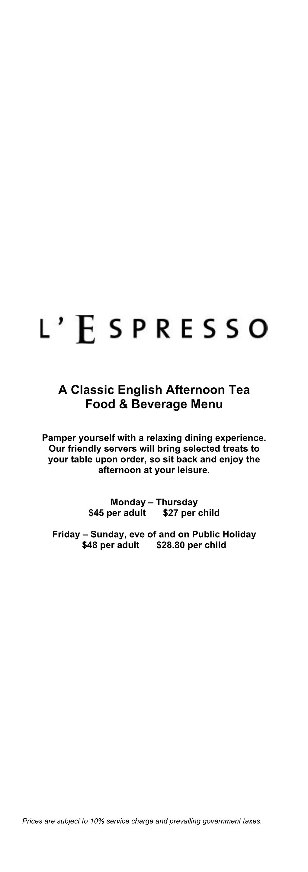 A Classic English Afternoon Tea Food & Beverage Menu