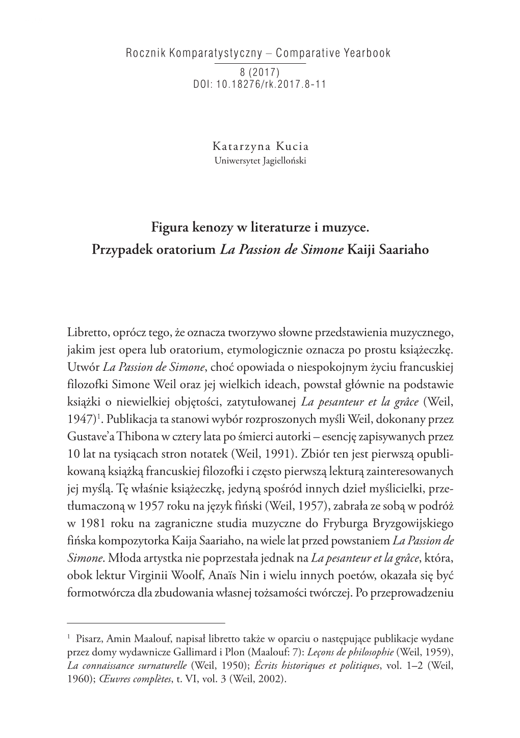 Figura Kenozy W Literaturze I Muzyce. Przypadek Oratorium La Passion De Simone Kaiji Saariaho