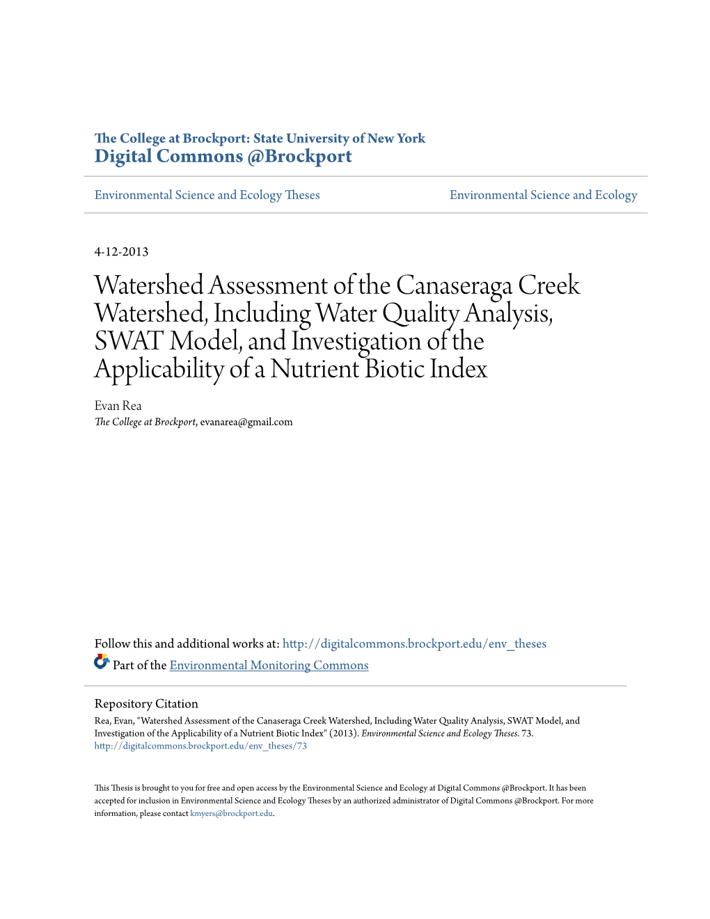 Watershed Assessment of the Canaseraga Creek