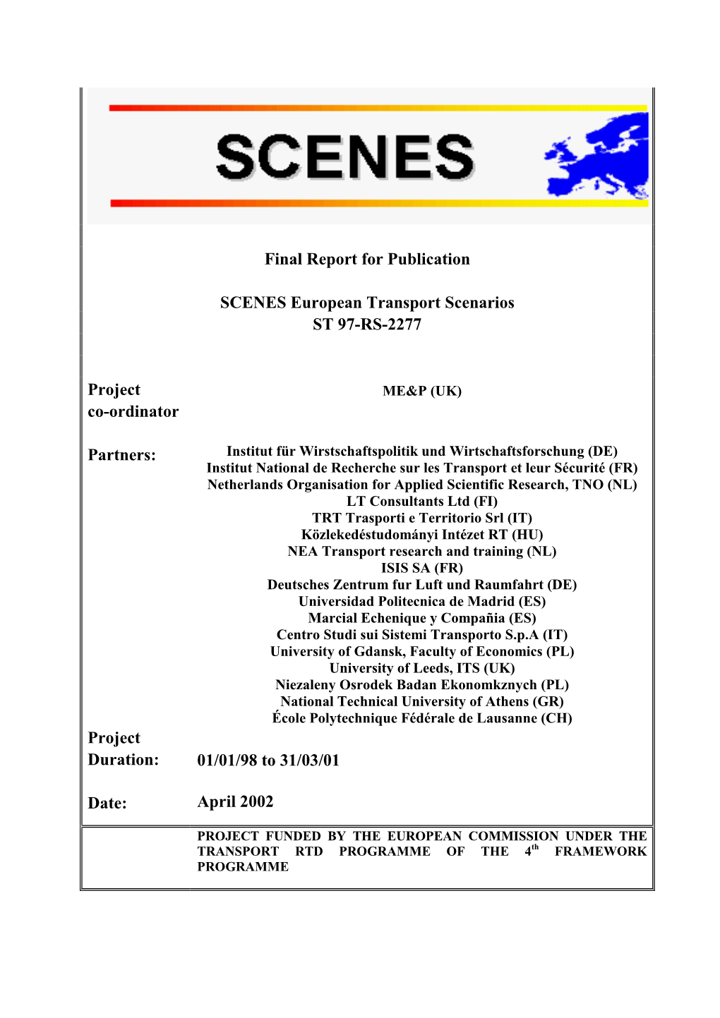 SCENES European Transport Scenarios ST 97-RS-2277