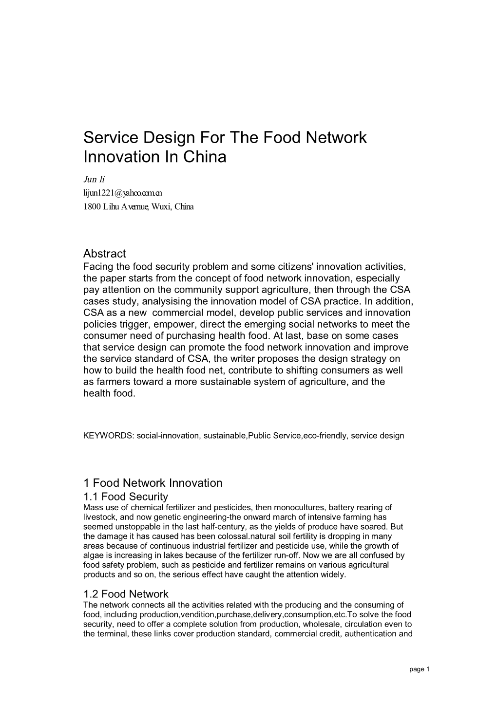 Service Design for the Food Network Innovation in China