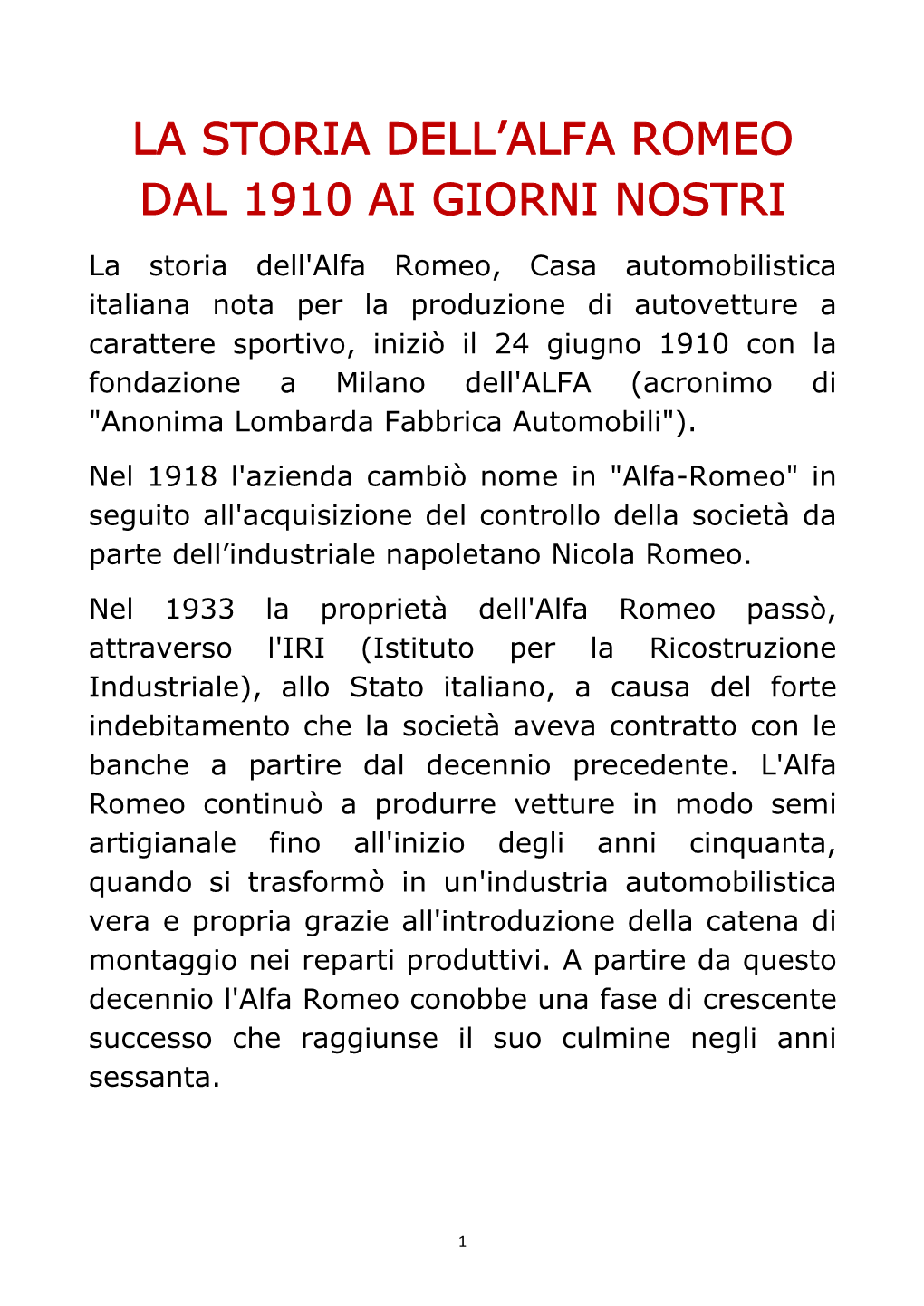 La Storia Dell'alfa Romeo Dal 1910 Ai Giorni Nostri