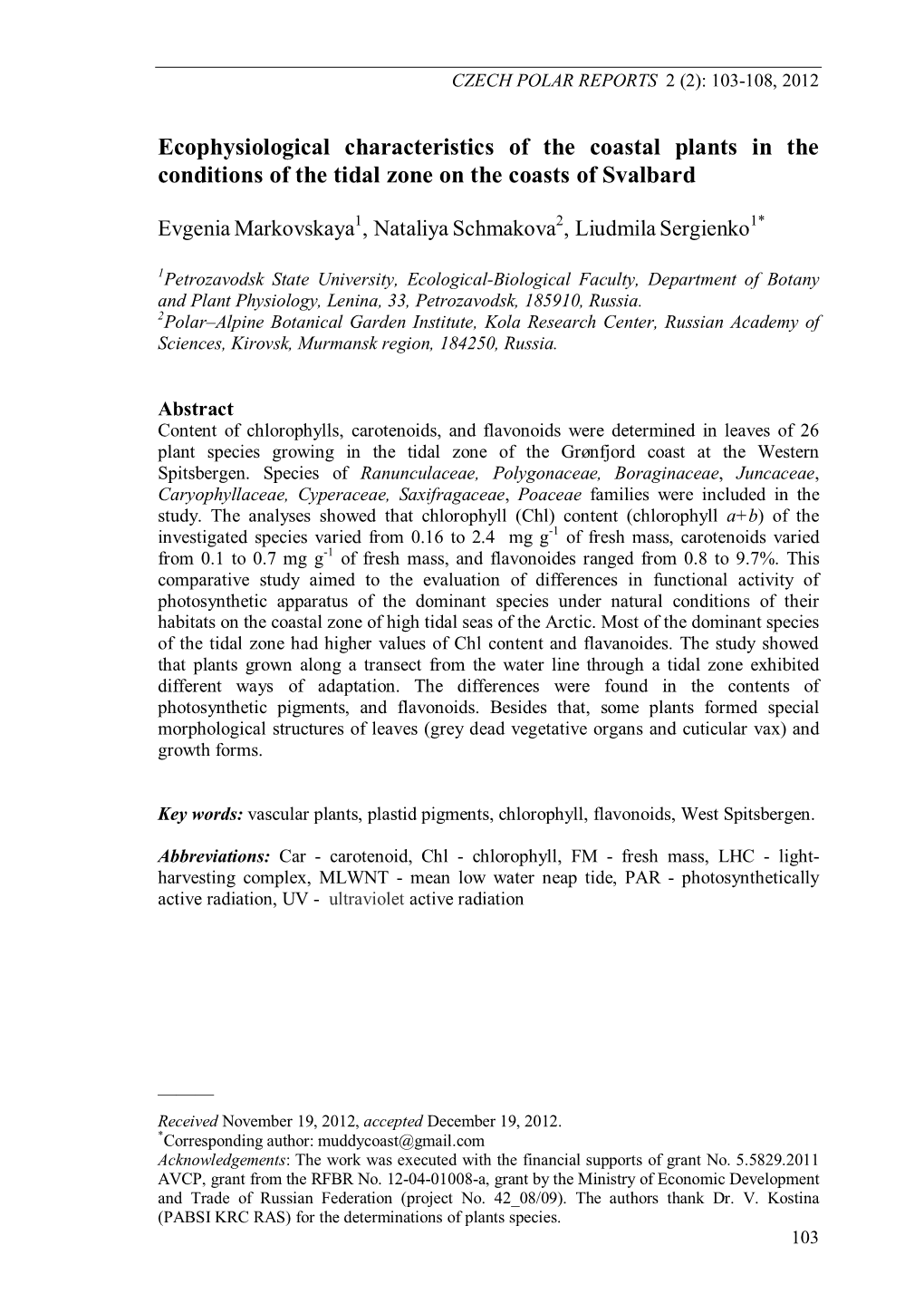 Ecophysiological Characteristics of the Coastal Plants in the Conditions of the Tidal Zone on the Coasts of Svalbard