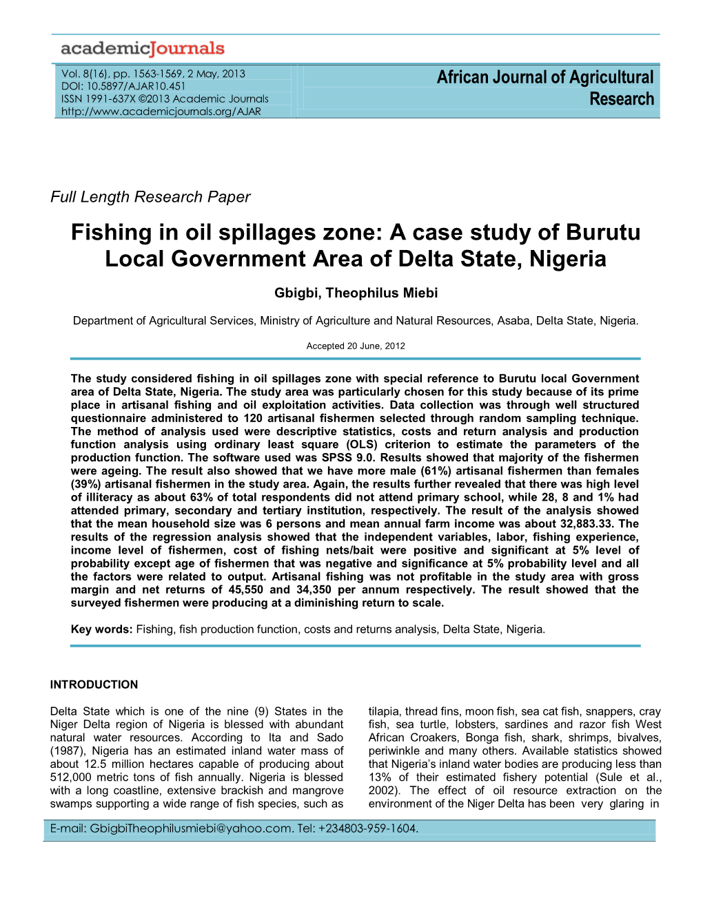 A Case Study of Burutu Local Government Area of Delta State, Nigeria