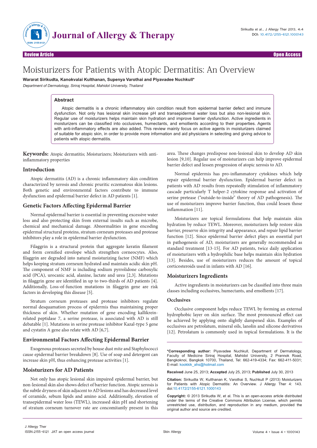 Moisturizers for Patients with Atopic Dermatitis: an Overview