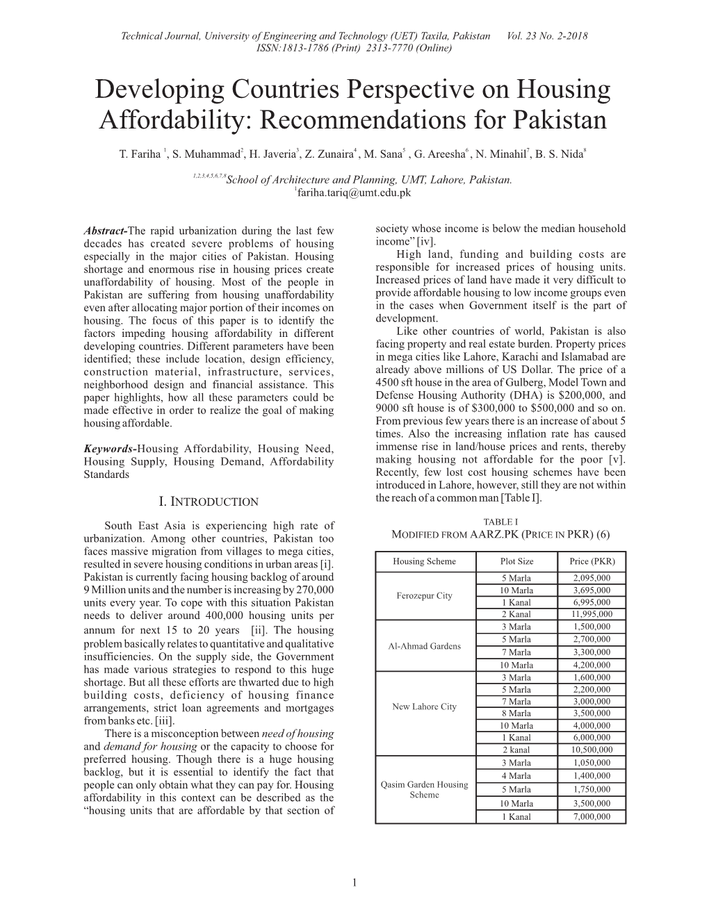 Developing Countries Perspective on Housing Affordability: Recommendations for Pakistan