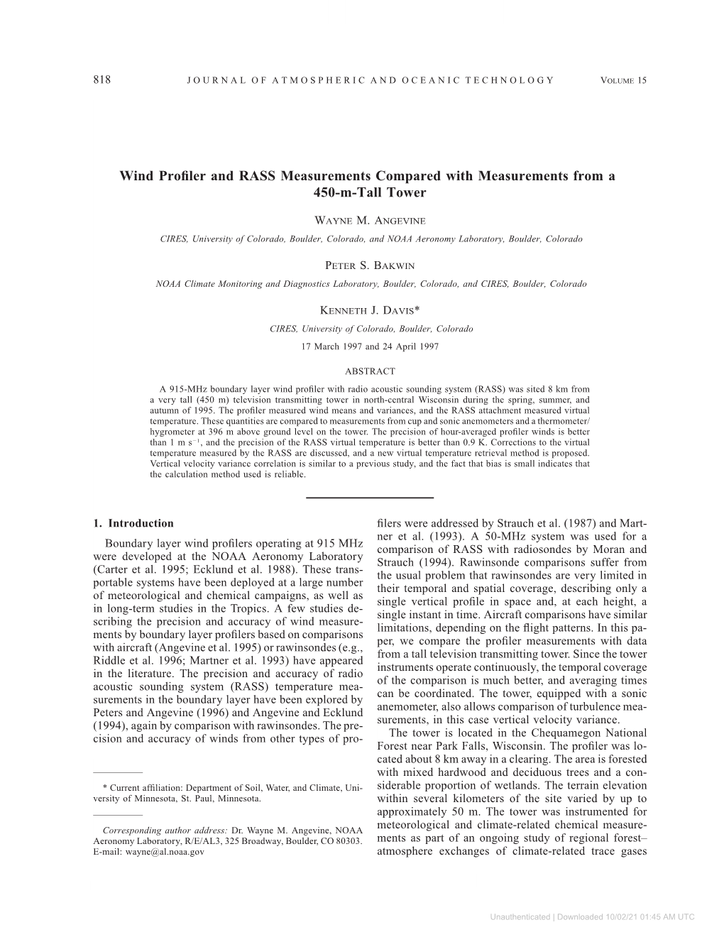 Wind Profiler and RASS Measurements Compared With