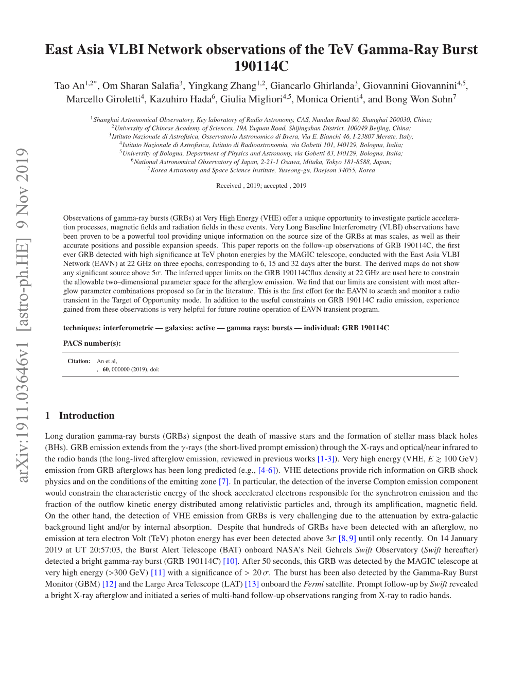 East Asia VLBI Network Observations of the Tev Gamma-Ray Burst