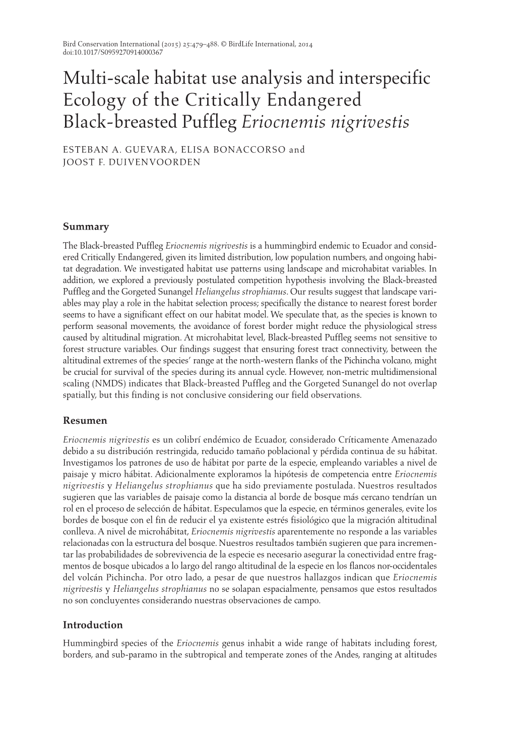 Multi-Scale Habitat Use Analysis and Interspecific Ecology of the Critically Endangered Black-Breasted Puffleg Eriocnemis Nigrivestis