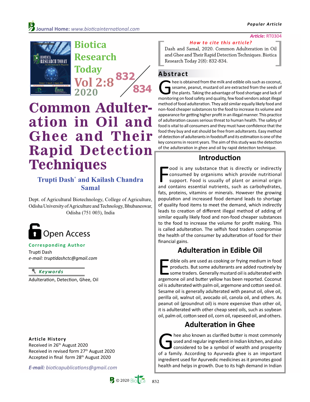 Ation in Oil and Ghee and Their Rapid Detection Techniques