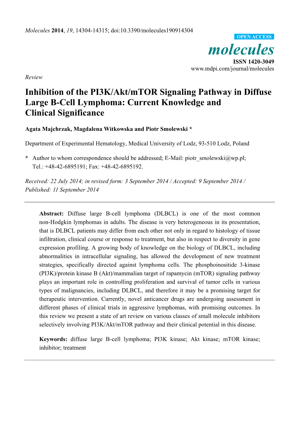 Inhibition of the PI3K/Akt/Mtor Signaling Pathway in Diffuse Large B-Cell Lymphoma: Current Knowledge and Clinical Significance