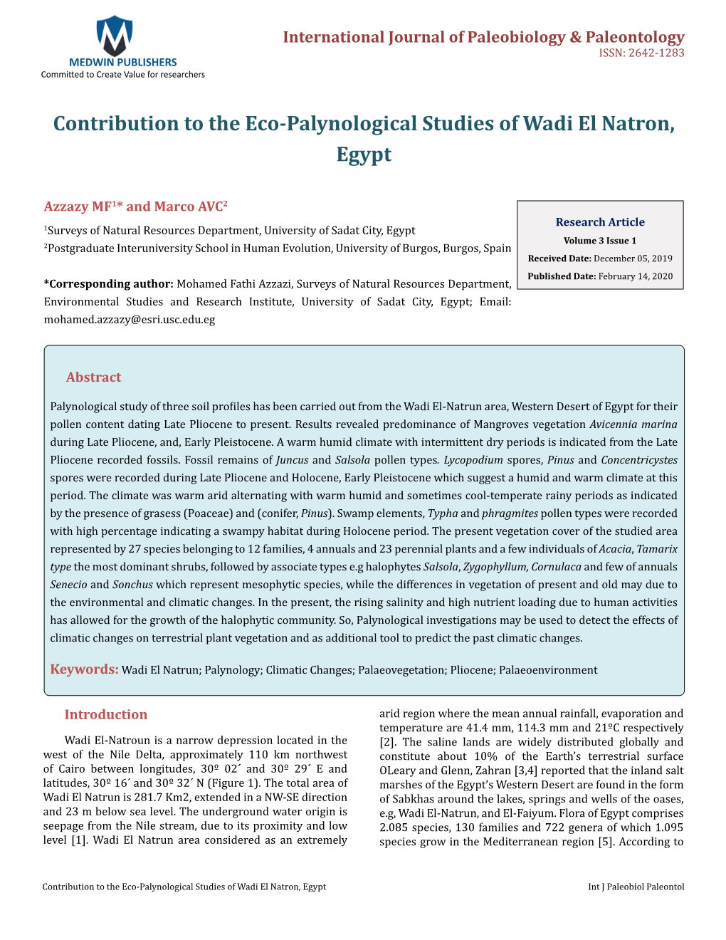 Contribution to the Eco-Palynological Studies of Wadi El Natron, Egypt