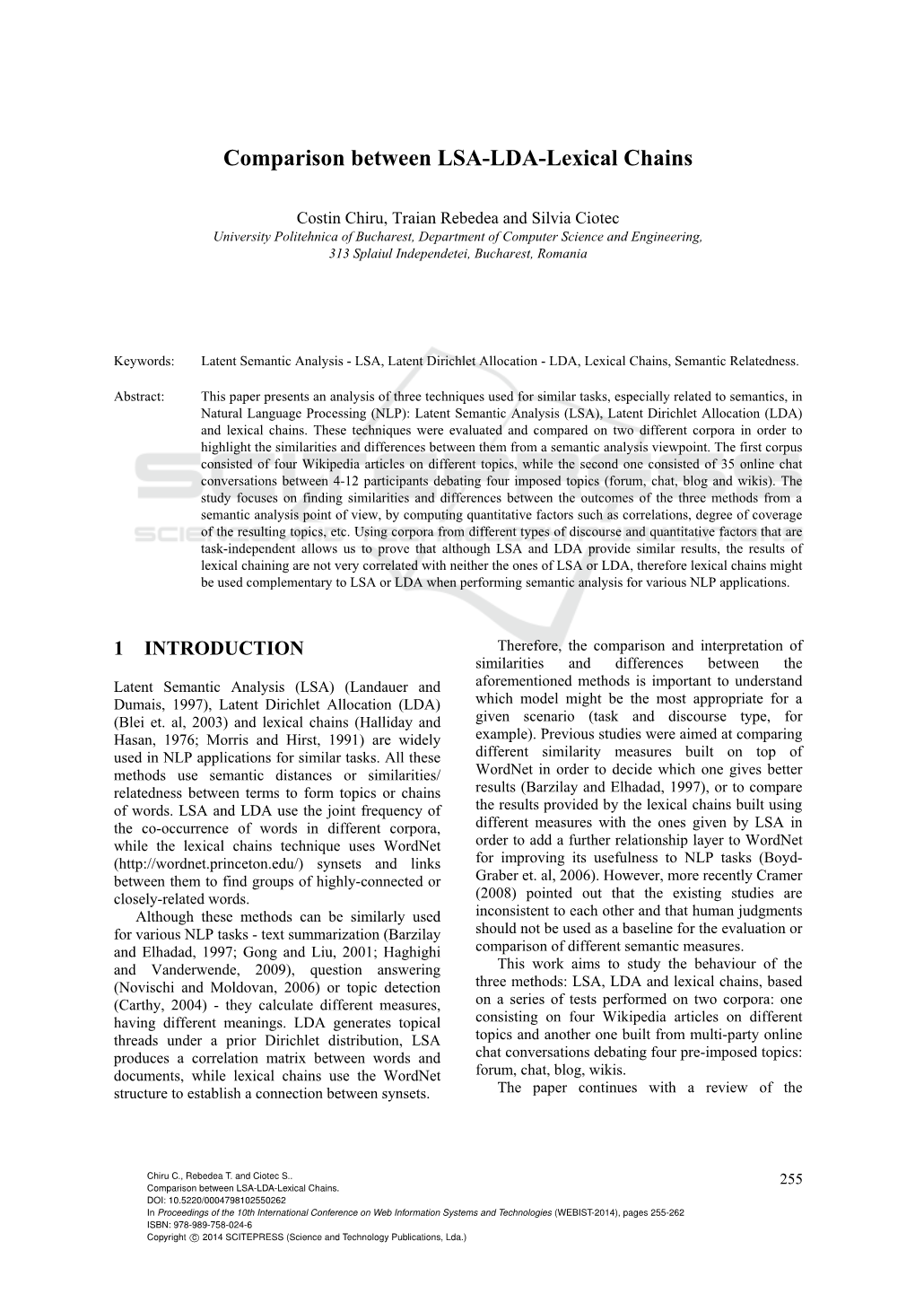 Comparison Between LSA-LDA-Lexical Chains