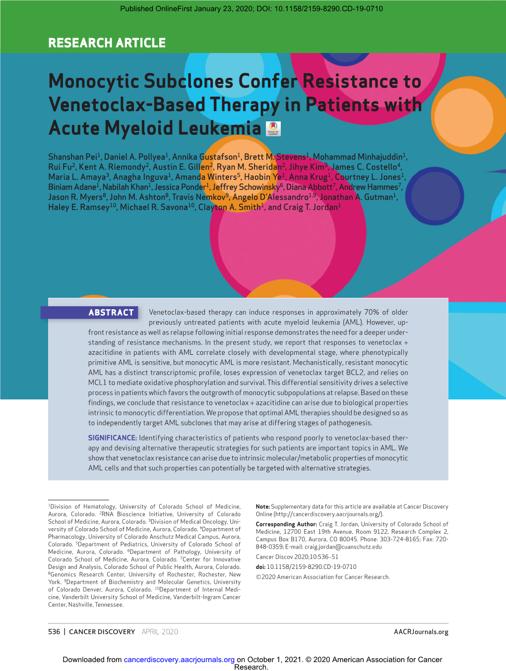 Monocytic Subclones Confer Resistance to Venetoclax-Based Therapy in Patients with Acute Myeloid Leukemia