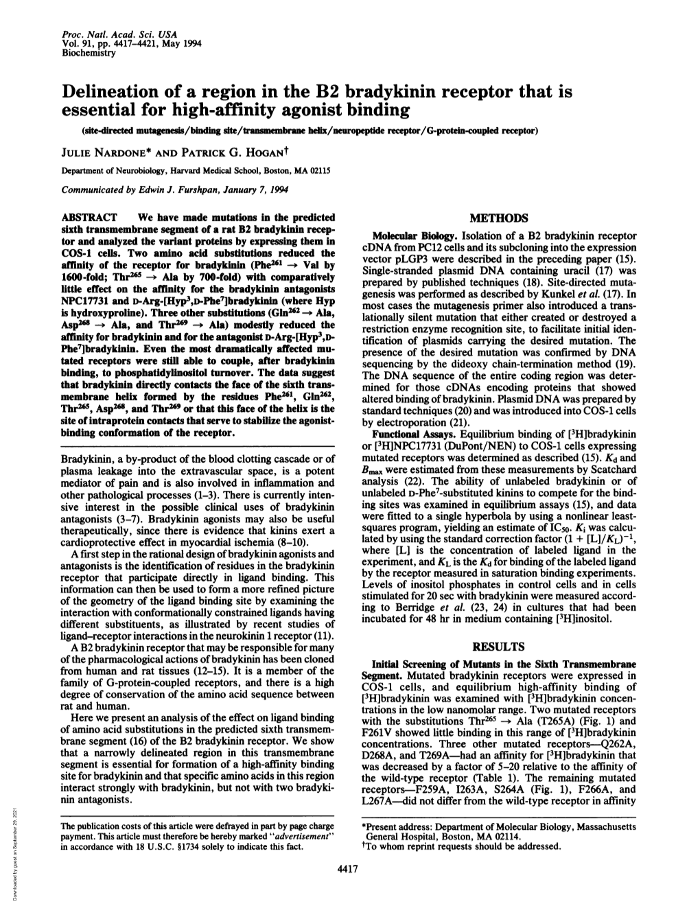 Delineation of a Region in the B2 Bradykinin Receptor That Is Essential