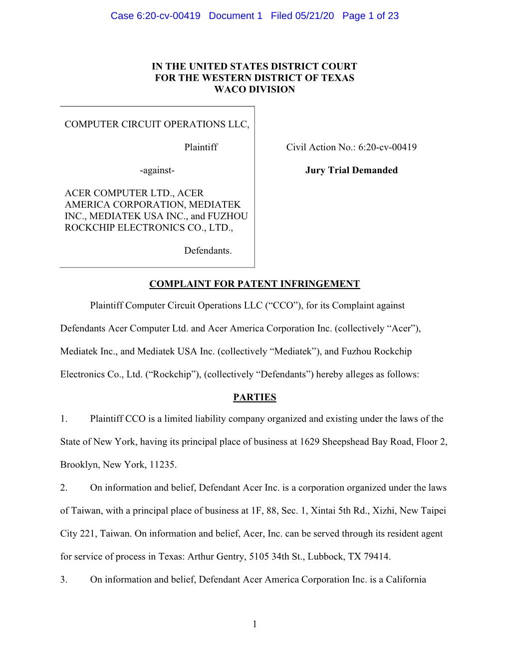 Case 6:20-Cv-00419 Document 1 Filed 05/21/20 Page 1 of 23