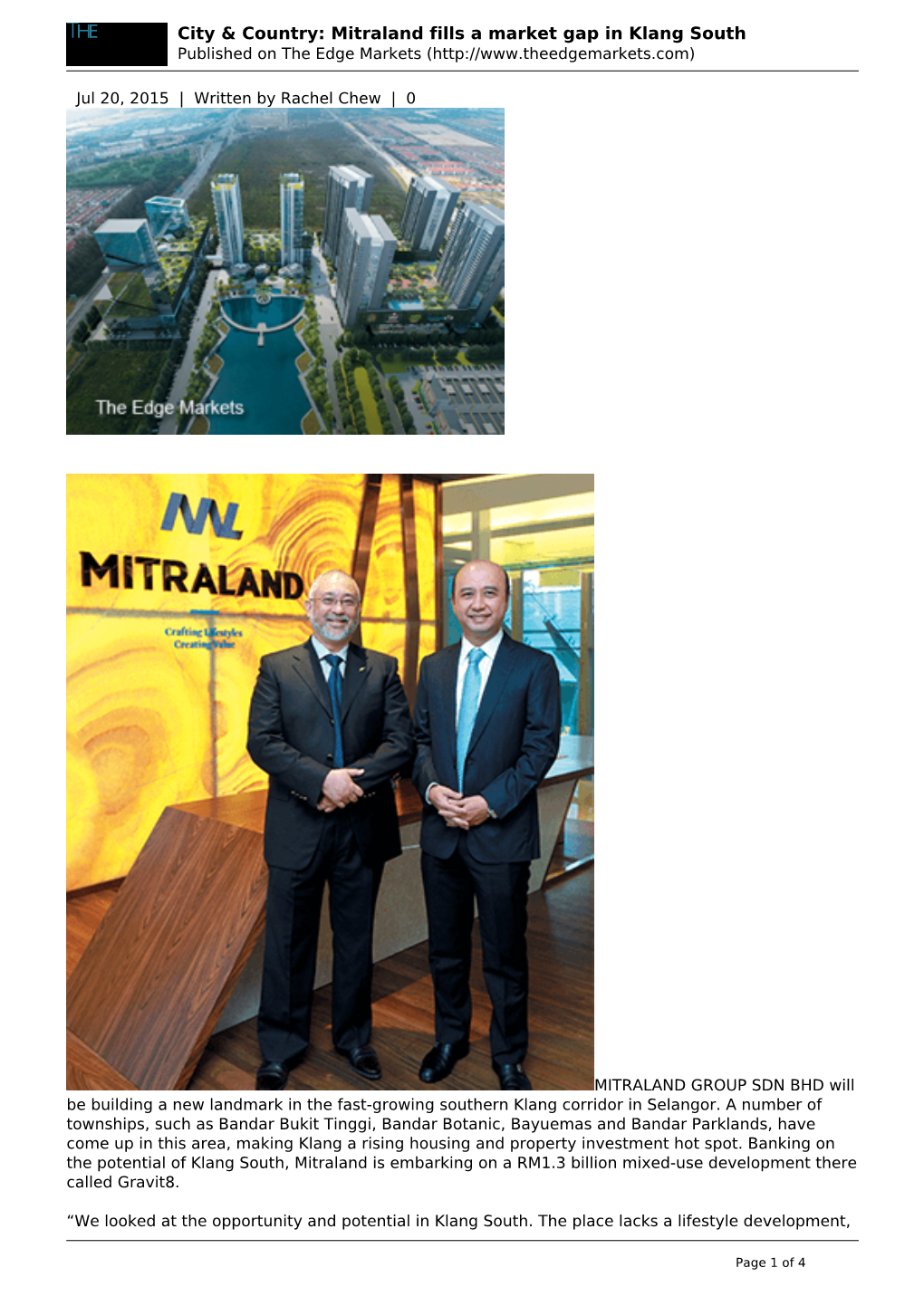 Mitraland Fills a Market Gap in Klang South Published on the Edge Markets (
