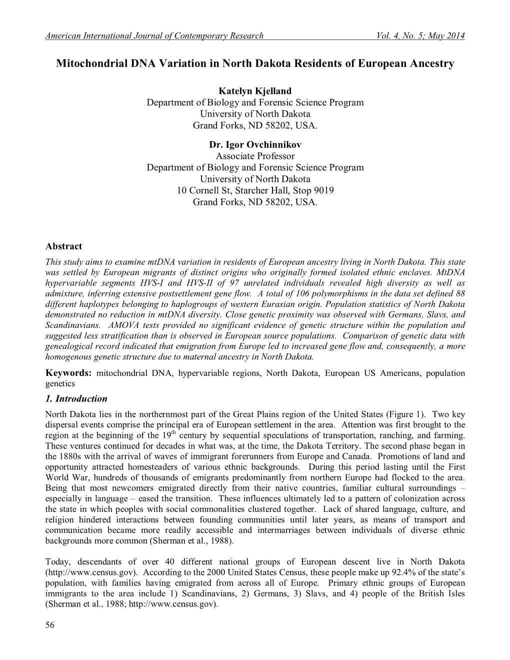 Mitochondrial DNA Variation in North Dakota Residents of European Ancestry