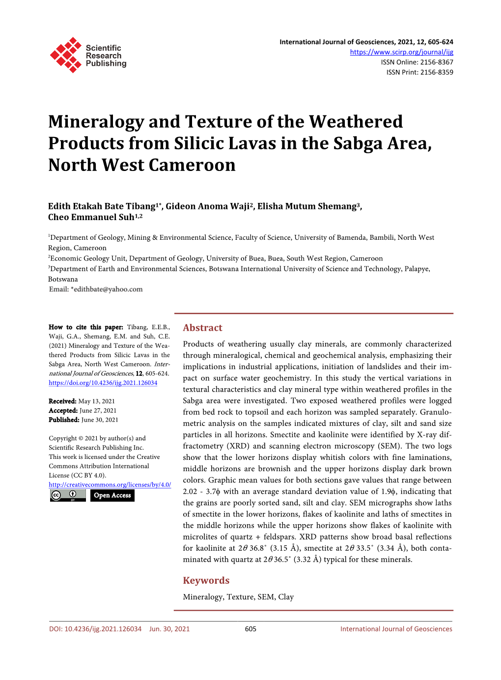 Mineralogy and Texture of the Weathered Products from Silicic Lavas in the Sabga Area, North West Cameroon