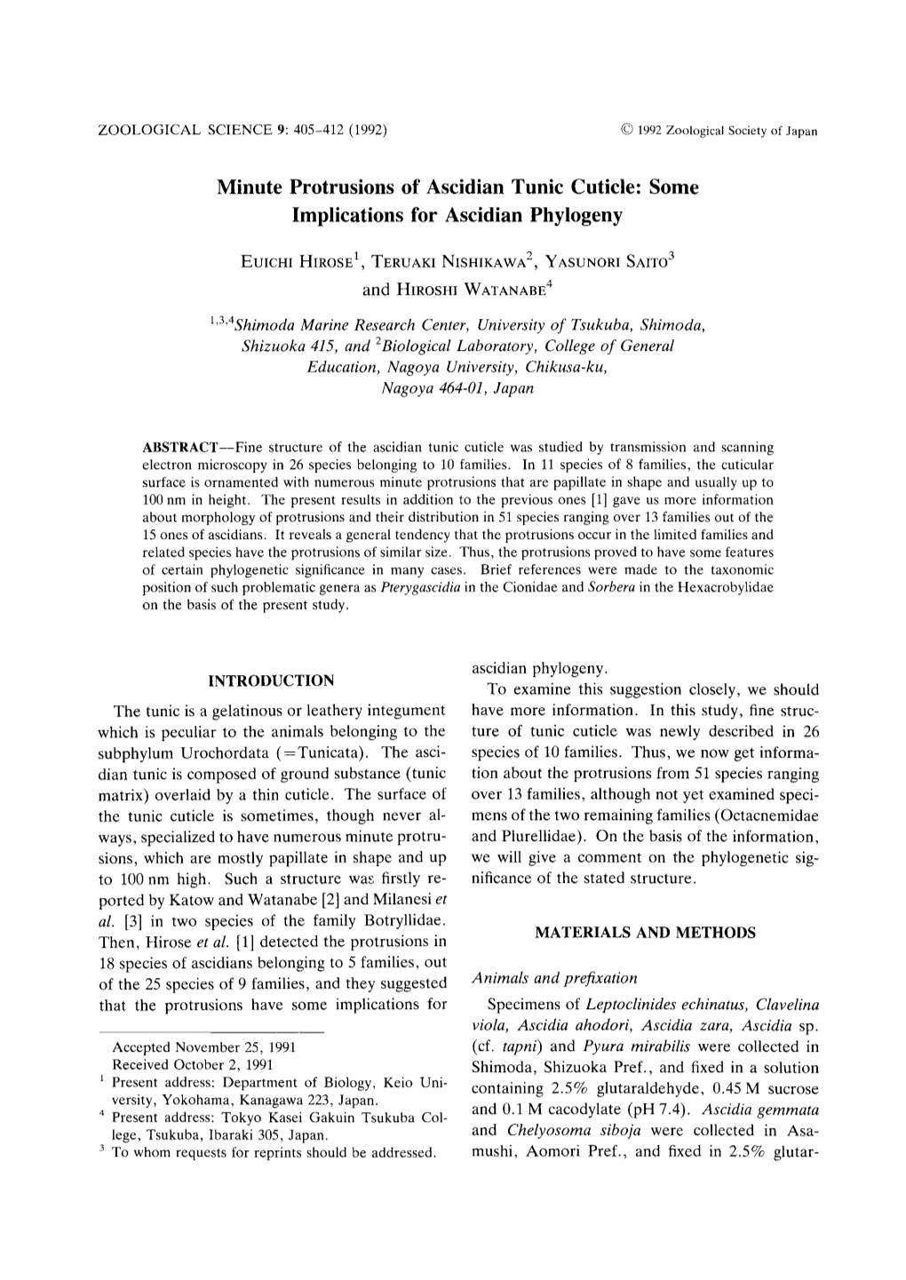 Minute Protrusions of Ascidian Tunic Cuticle: Some Implications for Ascidian Phylogeny