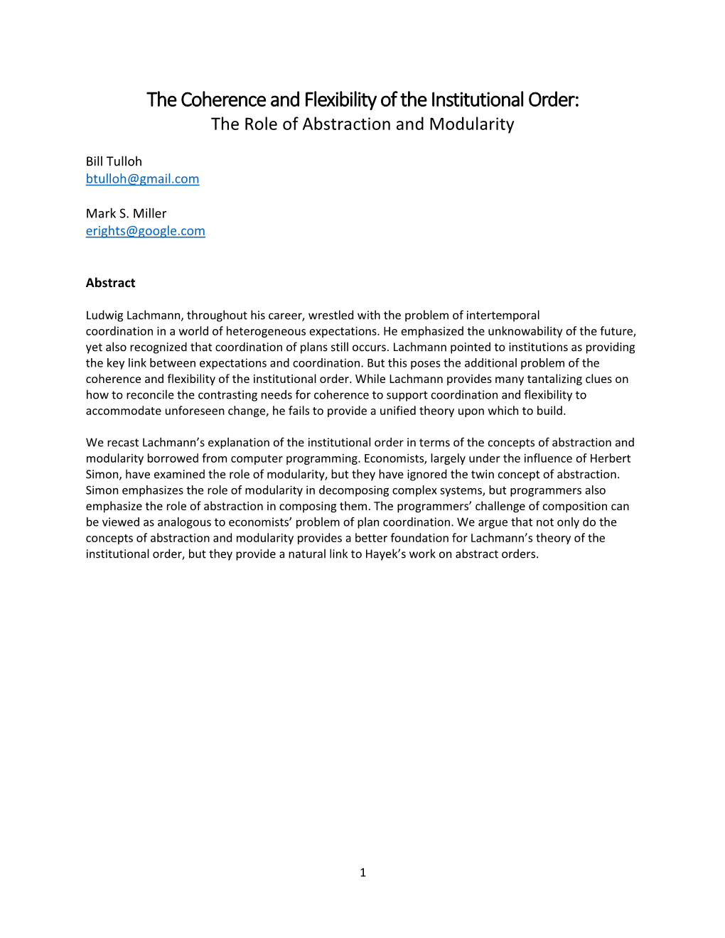 The Coherence and Flexibility of the Institutional Order: the Role of Abstraction and Modularity