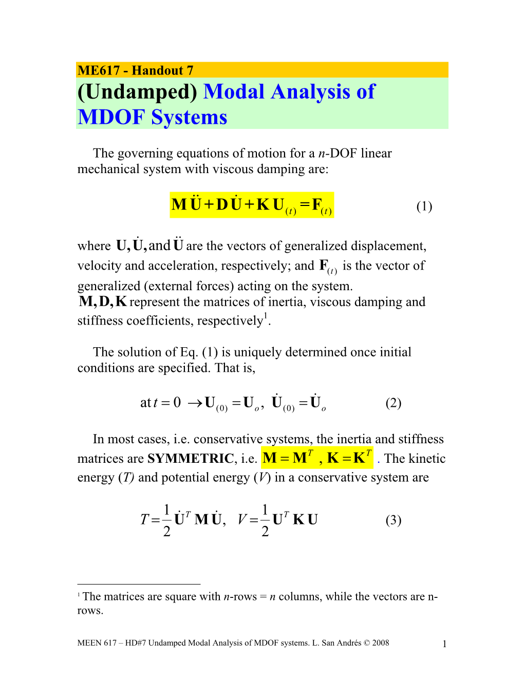 Handout 7 (Undamped) Modal Analysis of MDOF Systems