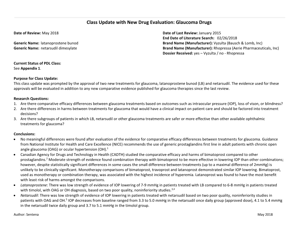 Class Update with New Drug Evaluation: Glaucoma Drugs