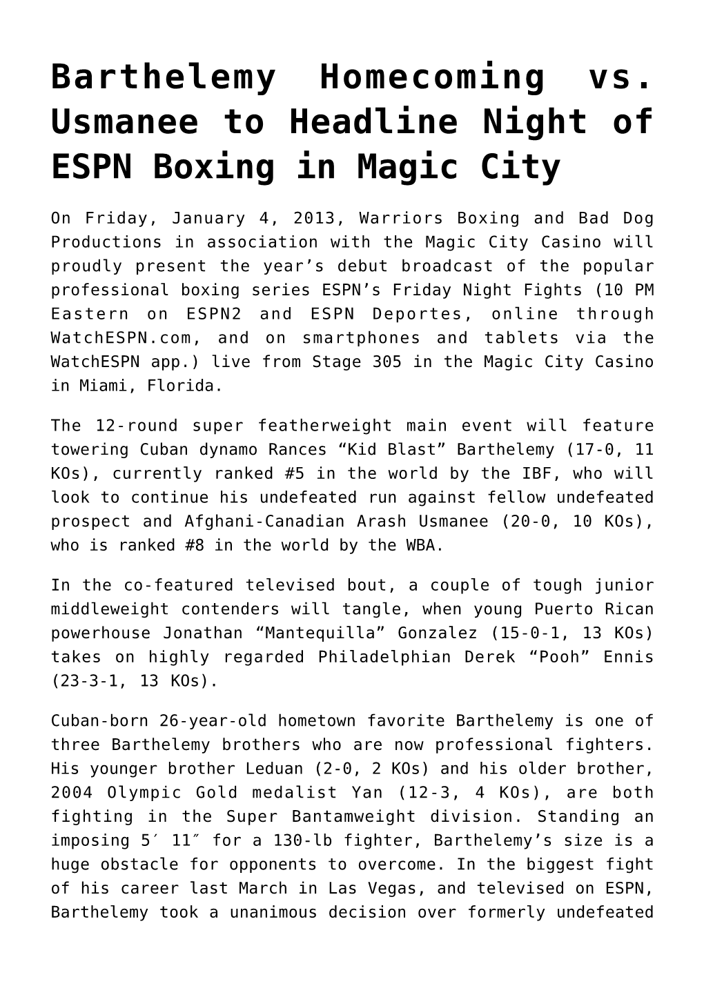 Barthelemy Homecoming Vs. Usmanee to Headline Night of ESPN Boxing in Magic City