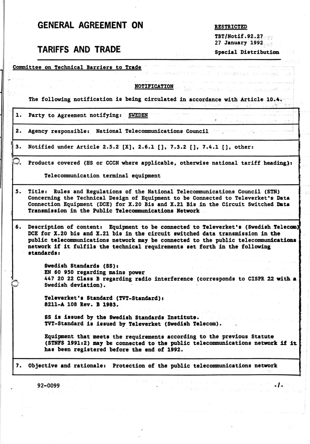 GENERAL AGREEMENT on RESTRICTED TBT/Notif.92.27 27 January 1992